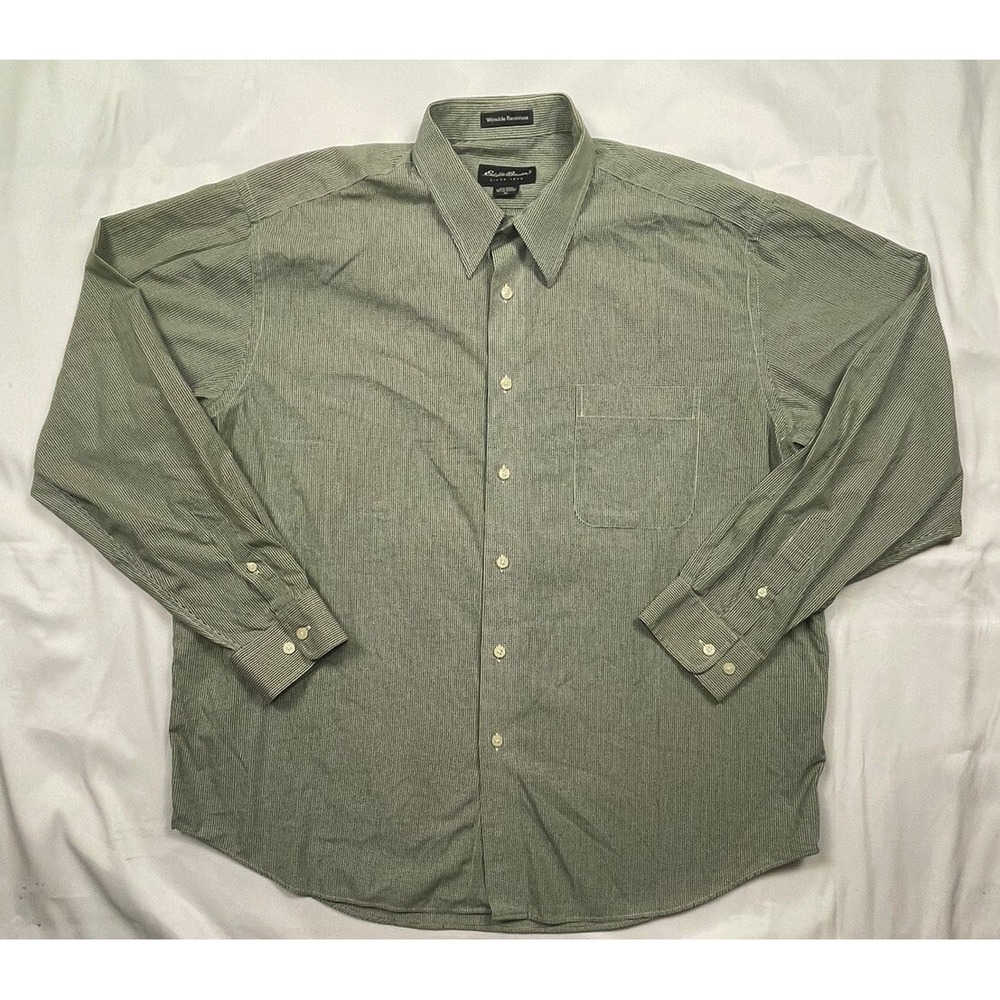Eddie Bauer Men Shirt XXL Blue White Striped Button Up Wrinkle Resist Relaxed‎
